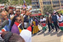 Photo collage of James Orengo and Martha Karua marching to IG Kanja's office.
